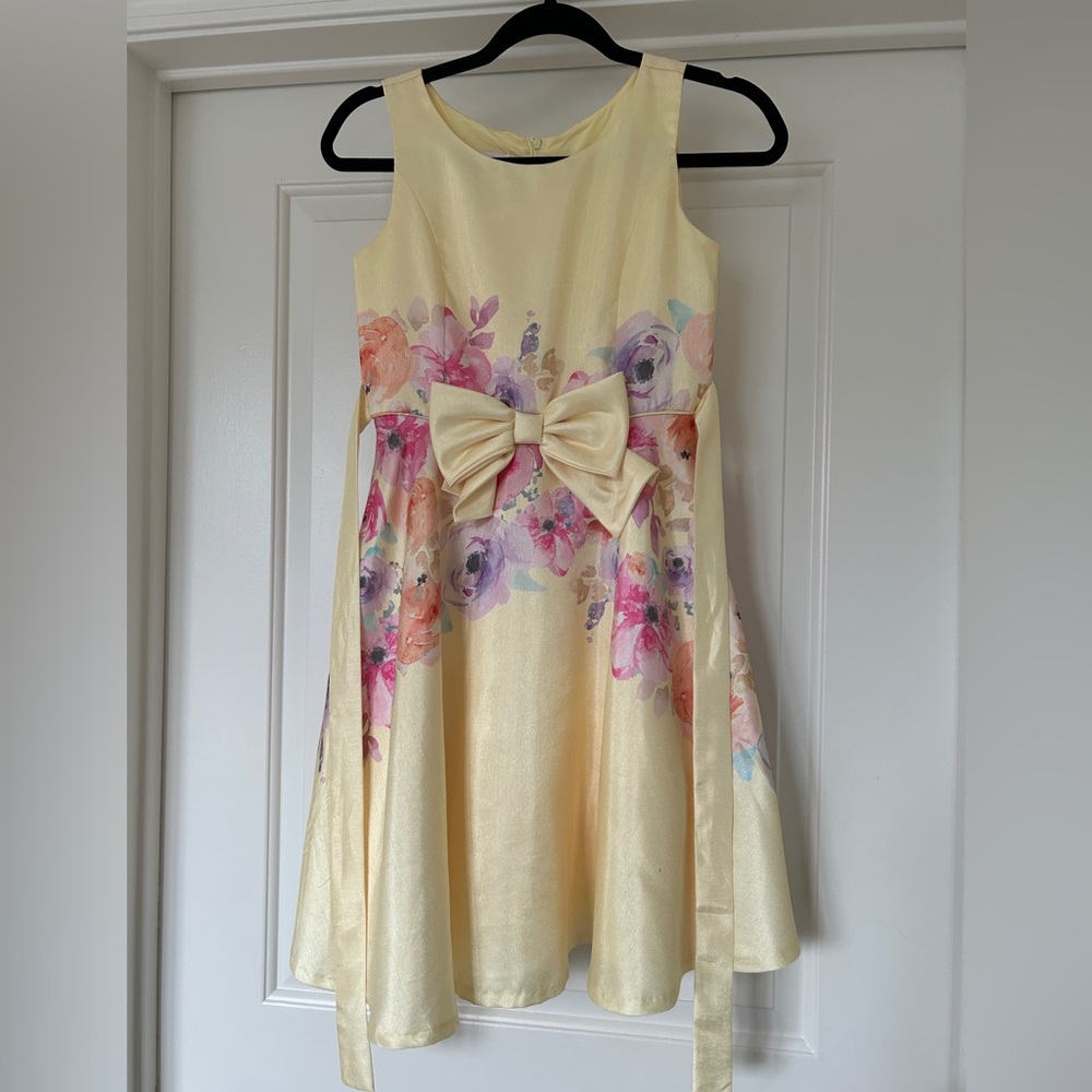 Bonnie Jean Satin Floral Dress with Bow